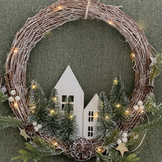 Wooden Wreath with LED Houses