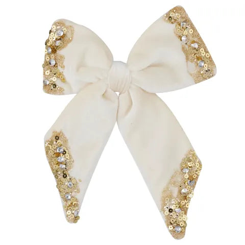 Embellished White & Gold Bow w/ Clip