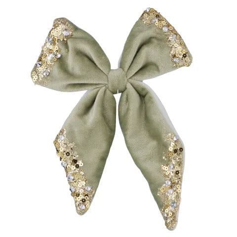 Sage Green & Gold Embellished Bow w/ Clip