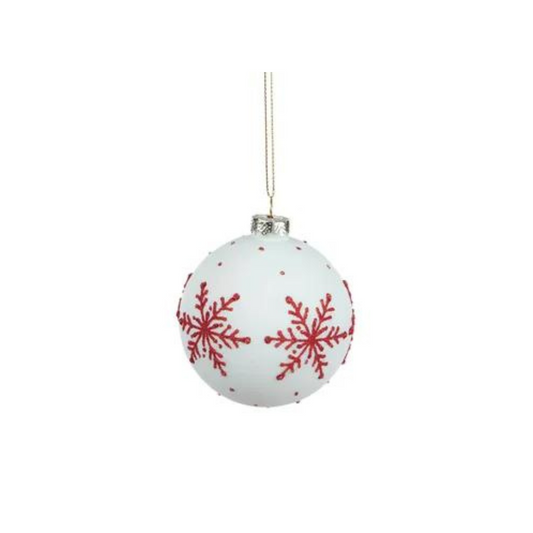 White Glass Bauble W/ Red Snowflake
