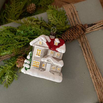 Grey House W/ Red Roof Christmas Ornament