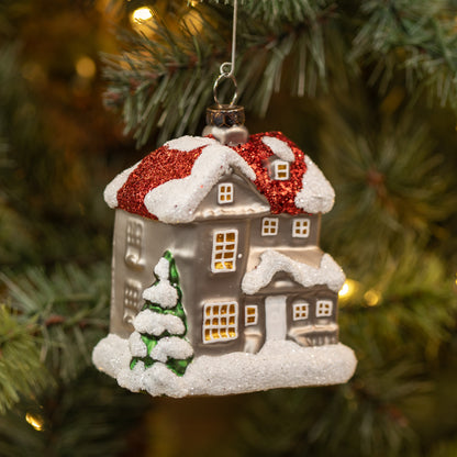 Grey House W/ Red Roof Christmas Ornament