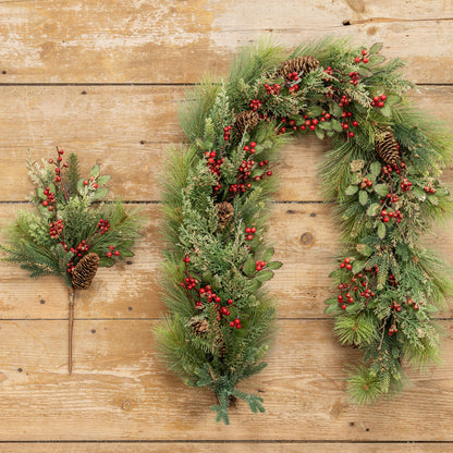 PICK UP ONLY - Gold Glittered Mixed Pine & Berries Garland