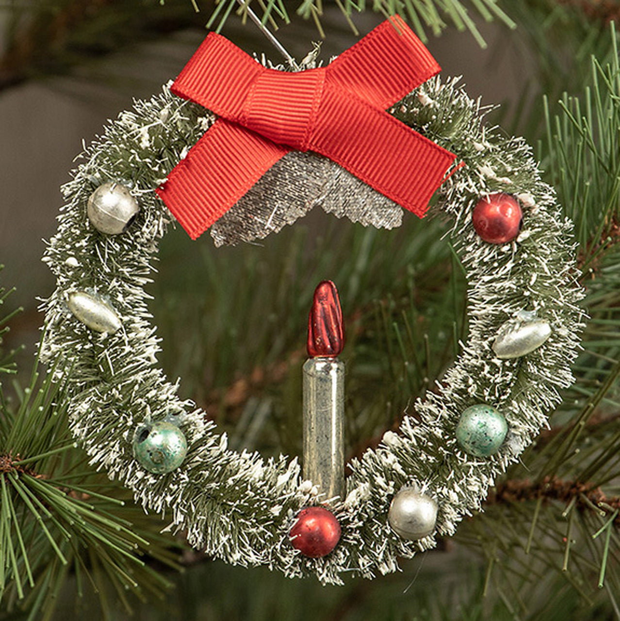 Bottlebrush Wreath With Candle Vintage Christmas Ornament