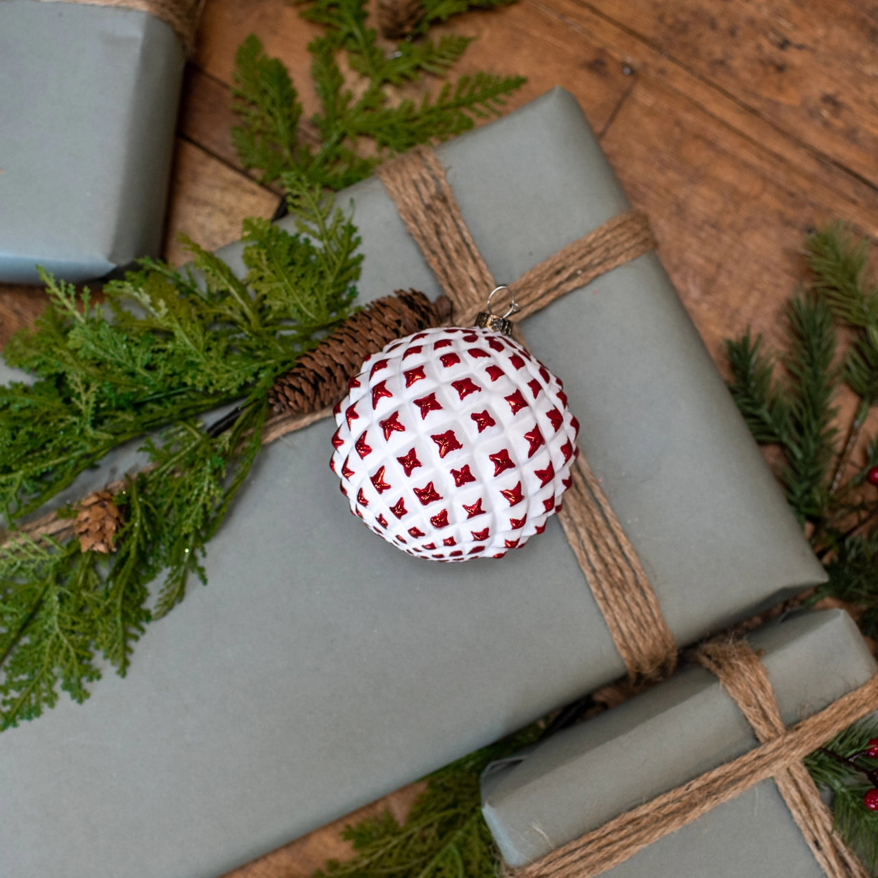 White & Red Textured Ball Ornament