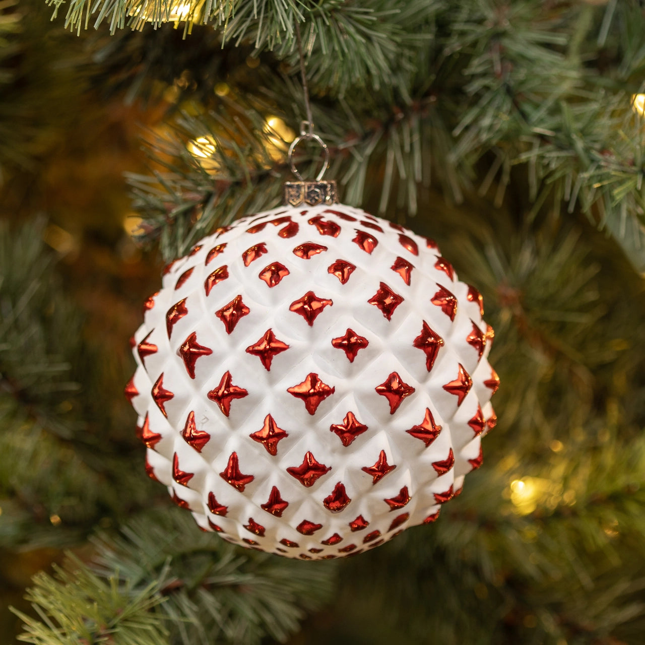 White & Red Textured Ball Ornament