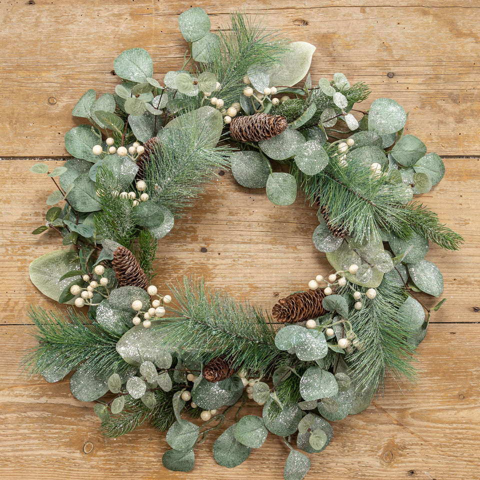 Glittery Pine w/ Eucalyptus, Berries & Cone Christmas Wreath