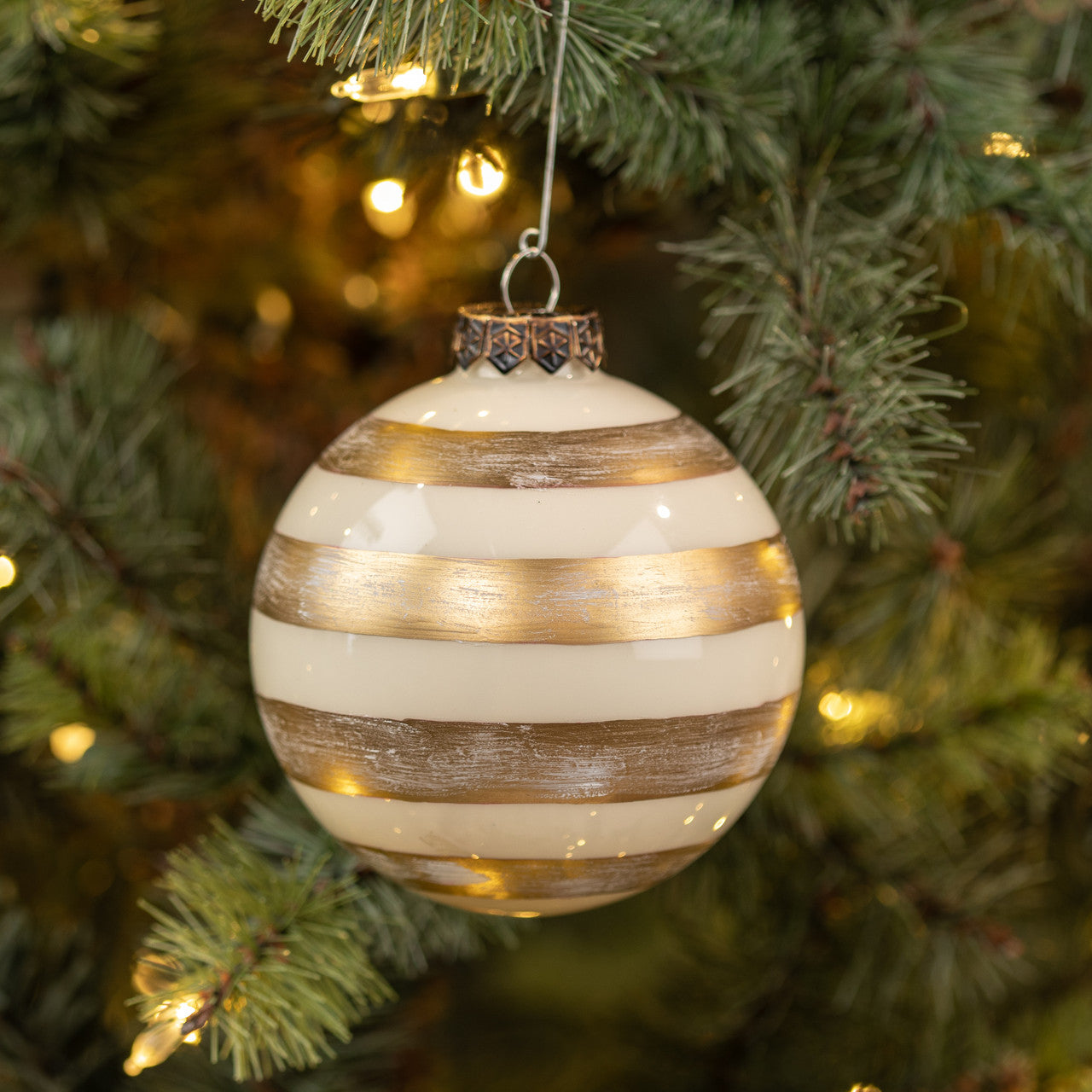 Cream & Gold Striped Christmas Bauble