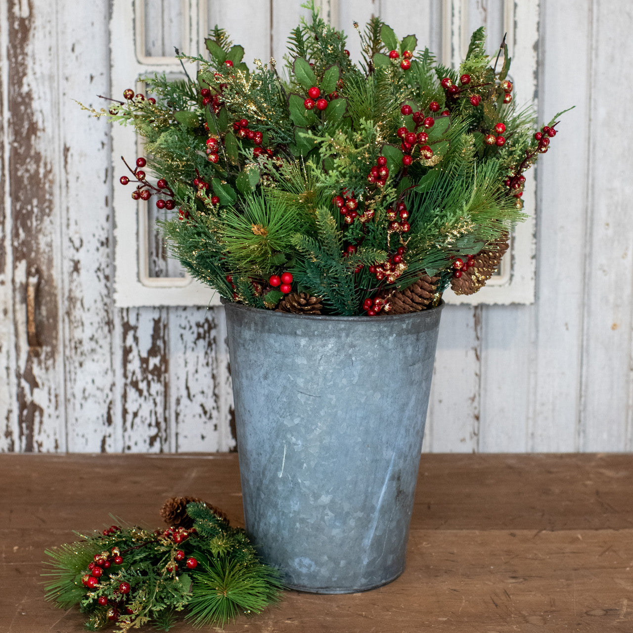 Gold Glittered Mixed Pine, Holly & Berries Christmas Tree Pick