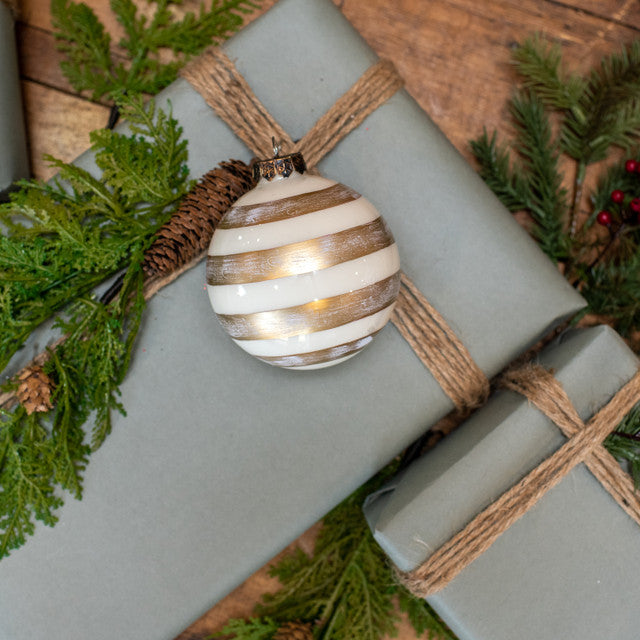 Cream & Gold Striped Christmas Bauble